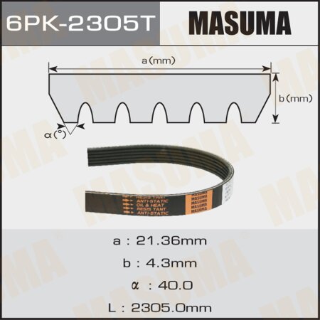 Ремень поликлиновый Masuma, 6 ручьев, 2305T мм, 6PK-2305T