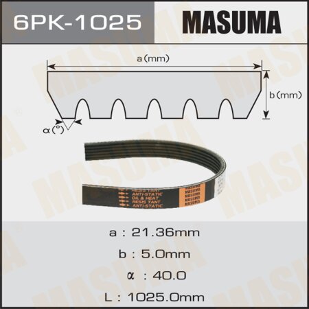 Ремень поликлиновый Masuma, 6 ручьев, 1025 мм, 6PK-1025