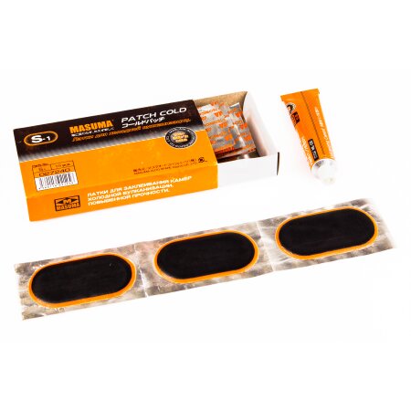 Заплатка MASUMA для ремонта камер, холодная или горячая вулканизация, 38x70mm. к-т15шт + клей 22ml, S-1