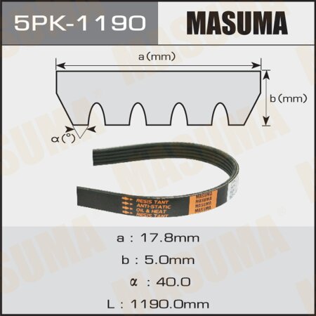 Ремень поликлиновый Masuma, 5 ручьев, 1190 мм, 5PK-1190