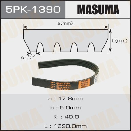 Ремень поликлиновый Masuma, 5 ручьев, 1390 мм, 5PK-1390