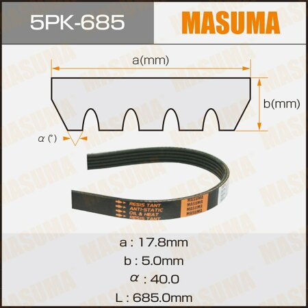 Ремень поликлиновый Masuma, 5 ручьев, 685 мм, 5PK-685