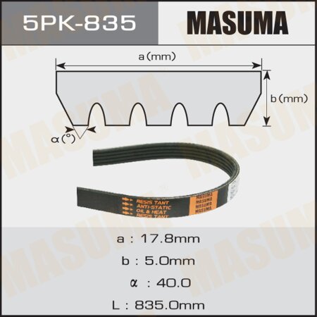 Ремень поликлиновый Masuma, 5 ручьев, 835 мм, 5PK-835