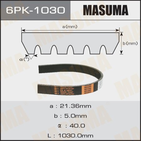 Ремень поликлиновый Masuma, 6 ручьев, 1030 мм, 6PK-1030