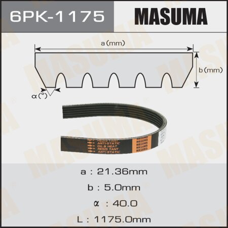 Ремень поликлиновый Masuma, 6 ручьев, 1175 мм, 6PK-1175