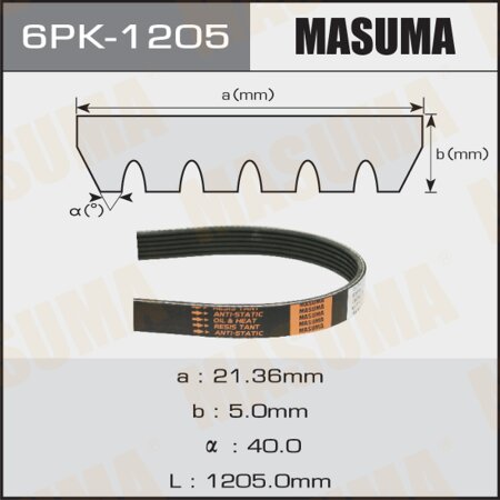 Ремень поликлиновый Masuma, 6 ручьев, 1205 мм, 6PK-1205
