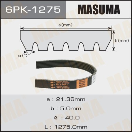Ремень поликлиновый Masuma, 6 ручьев, 1275 мм, 6PK-1275