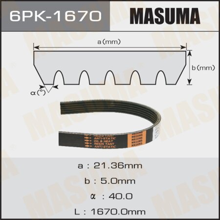 Ремень поликлиновый Masuma, 6 ручьев, 1670 мм, 6PK-1670