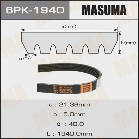 Ремень поликлиновый Masuma, 6 ручьев, 1940 мм, 6PK-1940
