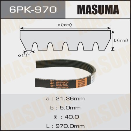 Ремень поликлиновый Masuma, 6 ручьев, 970 мм, 6PK-970