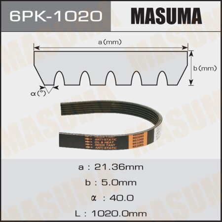 Ремень поликлиновый Masuma, 6 ручьев, 1020 мм, 6PK-1020