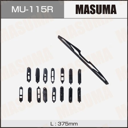Дворник задний MASUMA пластиковый, силиконовый, универсальный 15"(375мм) 15 видов креплений, MU-115R